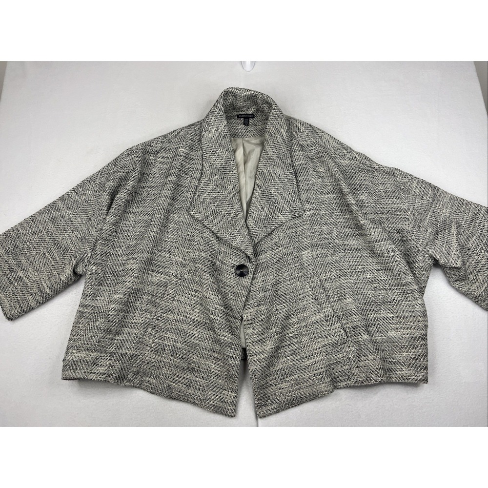 Eileen Fisher Large White & Black Herringbone Swing Jacket Silk Cotton Blazer